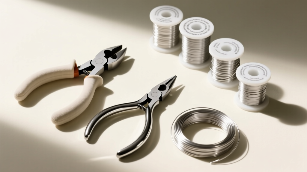 Flat lay of jewelry making tools including nylon jaw pliers, round nose pliers, and spools of dead soft sterling silver wire