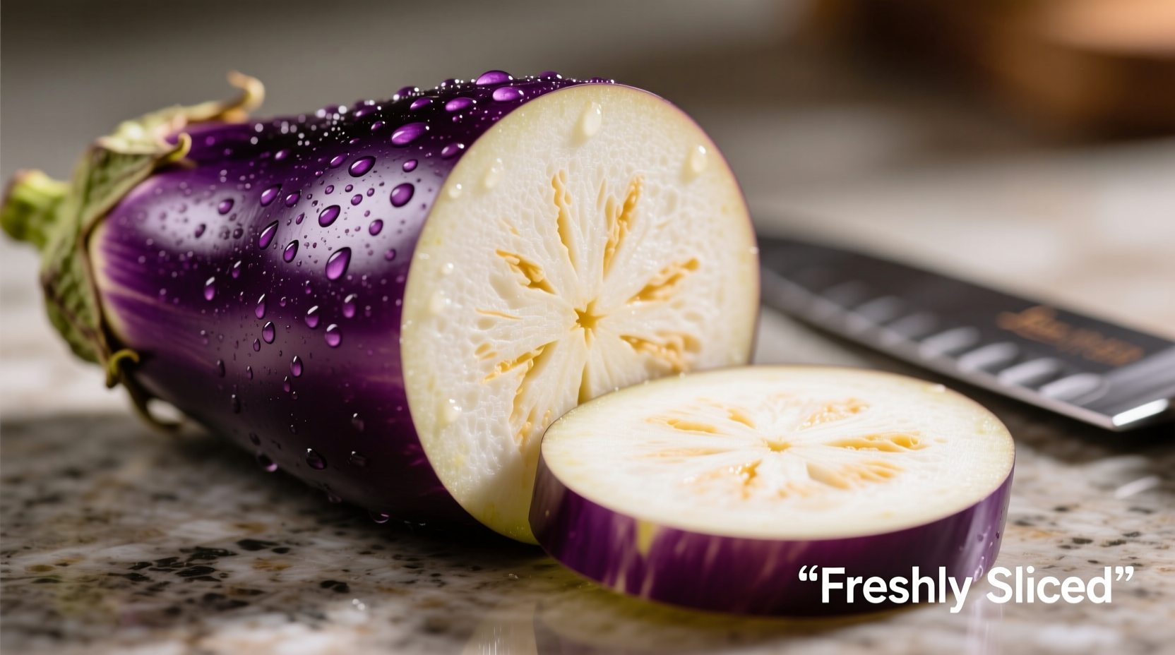 Freshly sliced aubergine showing purple skin and white flesh