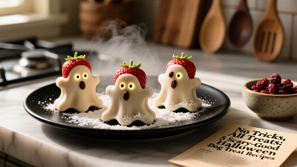 Three strawberry ghost treats arranged on a black plate, each topped with a small carob chip 'eye'