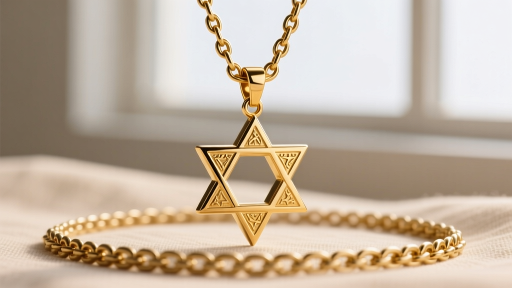 A golden Star of David pendant flipped upside down on a thick rolo chain, illustrating a bail sizing issue and poor weight balance.