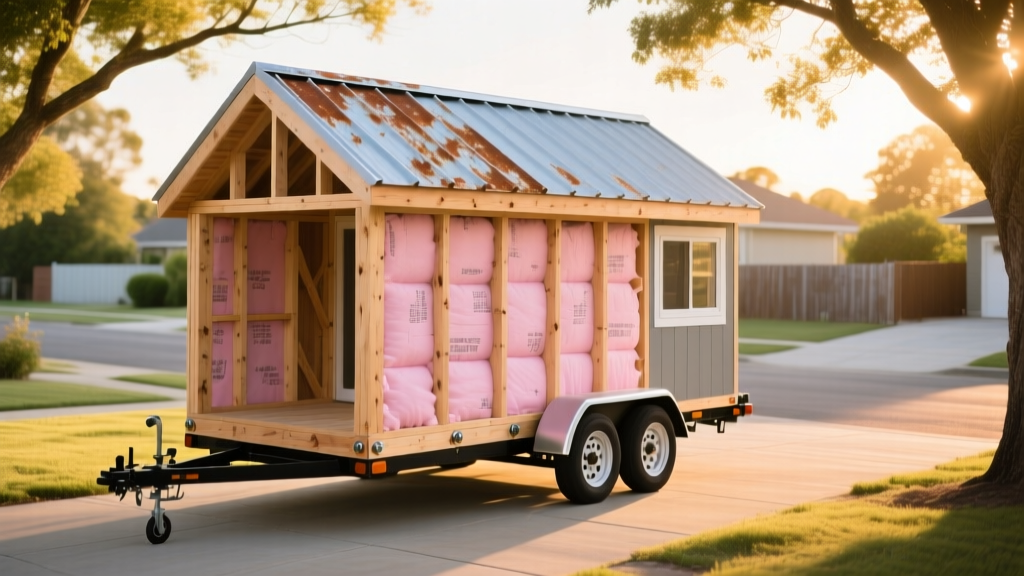 Partially framed tiny home on a dual-axle trailer showing exposed wooden studs, pink insulation, and metal roof in a sunny driveway.