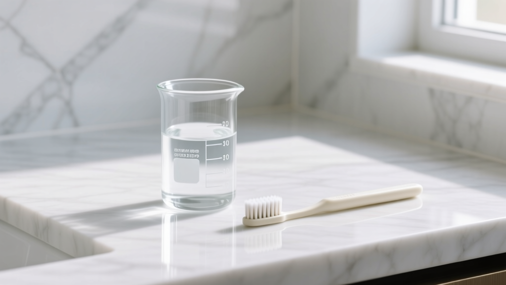 Glass beaker of distilled water with clear pH-neutral soap beside a soft-bristled toothbrush on a clean white marble countertop.