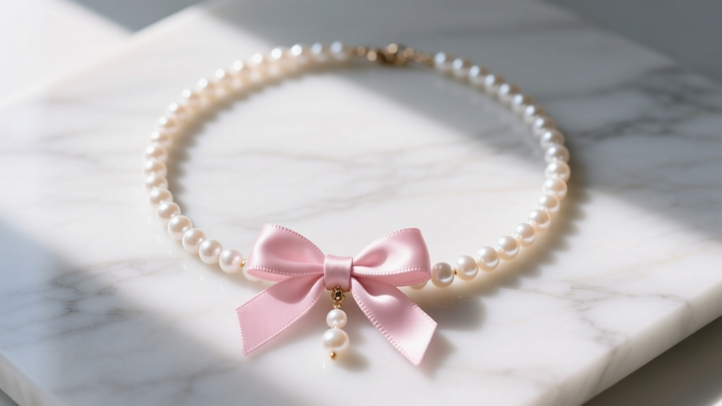 Flat lay of a coquette babydoll necklace featuring tiny freshwater pearls and a pink silk ribbon bow, shot on a marble surface.