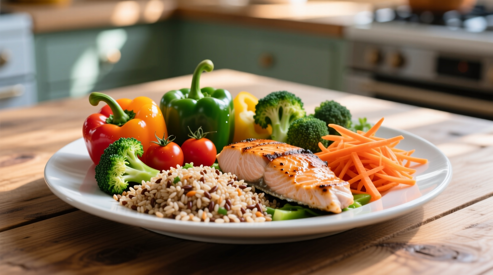 Colorful plate of vegetables, lean protein, and whole grains