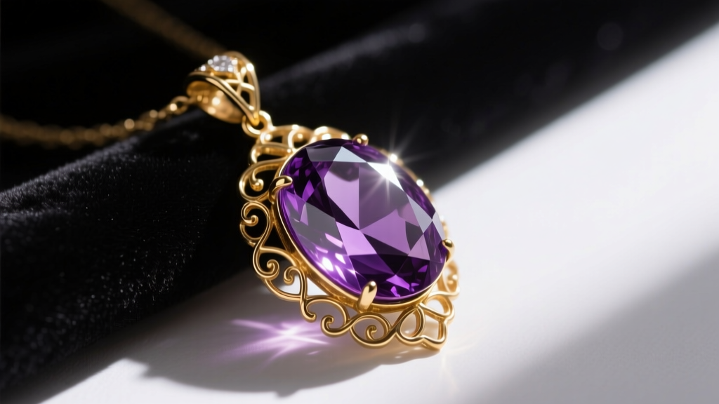 Vintage Avon amethyst glass pendant on dark velvet, showing deep purple facets and intricate gold-tone filigree metal setting.