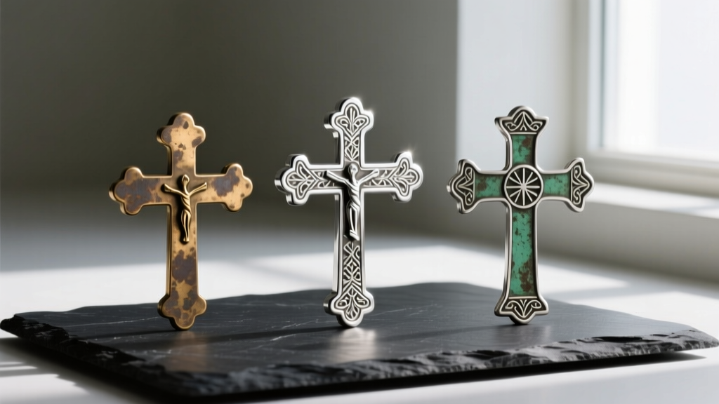 Three Ethiopian crosses on dark slate: oxidized brass, polished sterling silver, and worn nickel silver showing green tarnish.