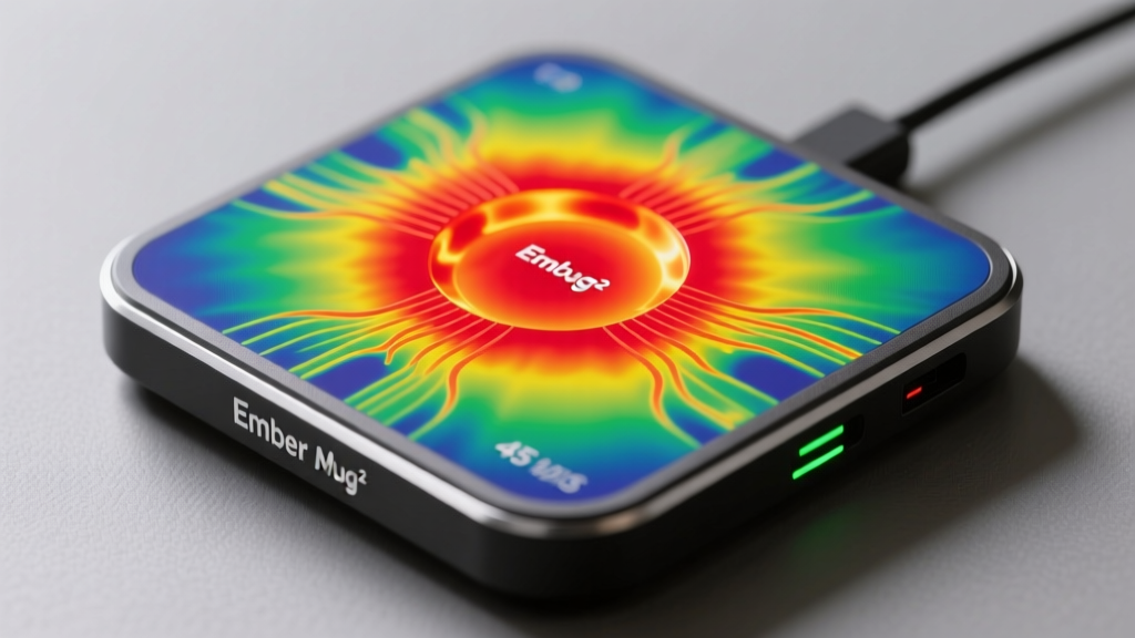 Thermal imaging camera view of an Ember Mug² charging puck showing heat dissipation patterns during a rapid 45-degree Celsius thermal cycling stress test.