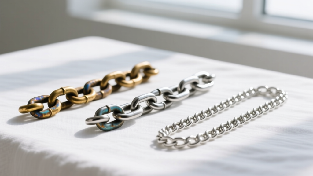 Flat lay comparing a tarnished brass mood necklace chain, a steel chain, and a bright sterling silver chain on white linen.