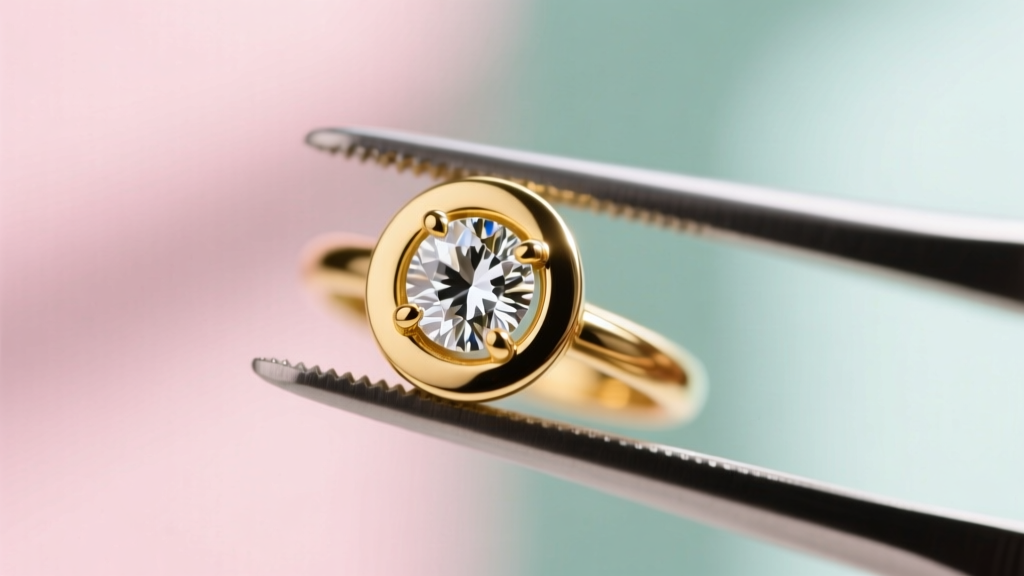 Close-up of a premium 14k gold bezel-set diamond septum clicker ring held by tweezers against a soft, blurred pastel background.