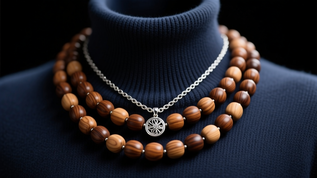 Close-up of a layered 8mm sandalwood bead necklace and silver pendant chain against dark navy crewneck sweater, studio lighting