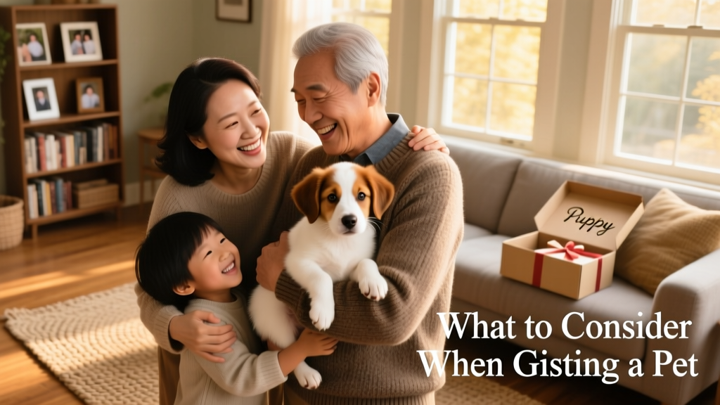 A joyful family smiling with a small, fluffy puppy in their arms