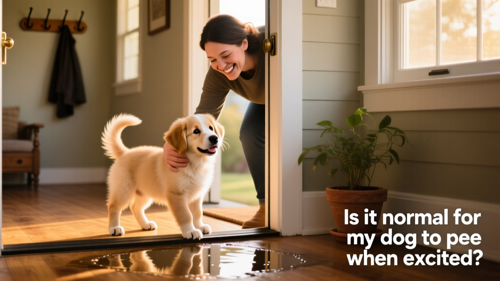 A young puppy greeting its owner at the front door, with a small puddle visible nearby