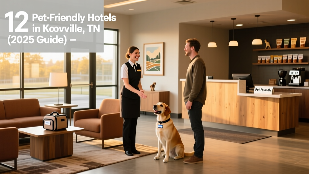 A cozy, modern hotel lobby in Knoxville with a friendly staff member greeting a guest and their leashed dog