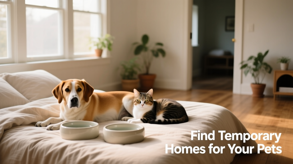 A calm, clean indoor space with soft bedding and water bowls, where a dog and cat rest comfortably under supervision