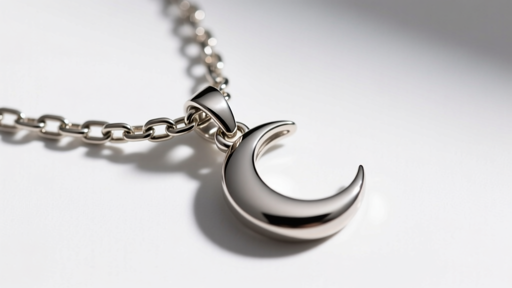 Top-down macro of a fine box chain through a titanium moon pendant, focusing on interlocking metal links and a small lobster clasp.