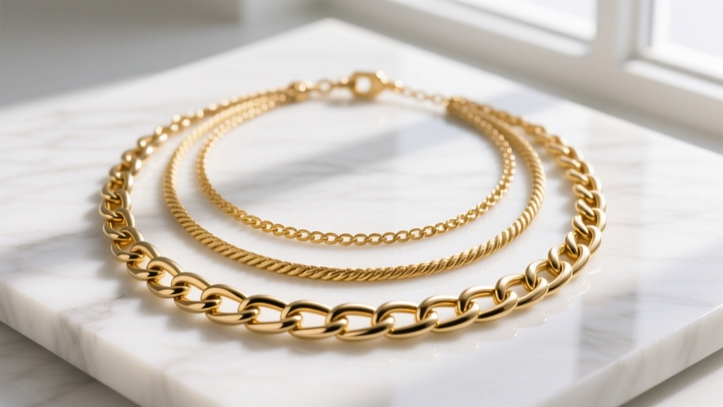 Flat lay of a 14k gold three tier necklace on white marble, featuring delicate cable, medium rope, and thick Cuban link chains