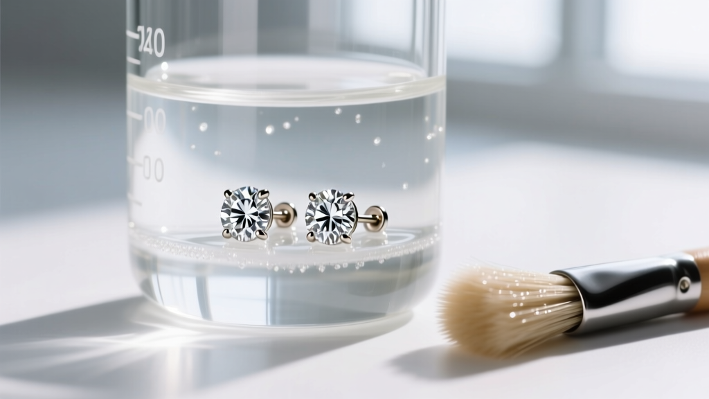 A pair of diamond stud screw back earrings submerged in a small glass beaker of jewelry cleaning solution next to a soft brush