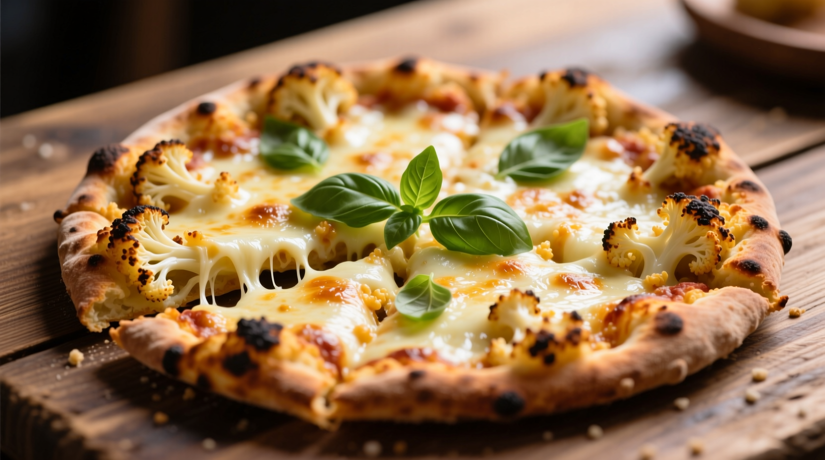 Crispy golden cauliflower pizza crust with melted cheese
