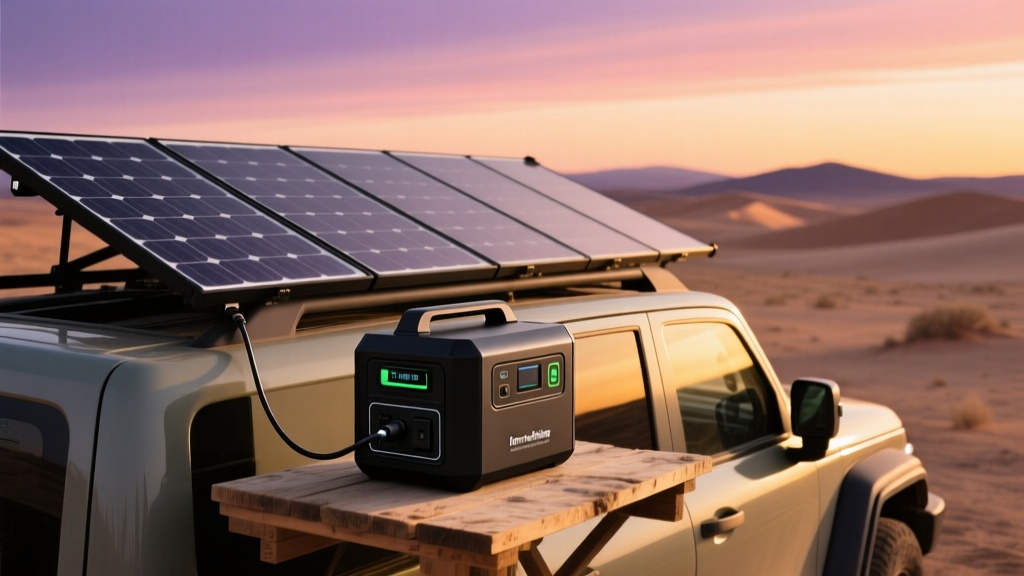 Overlanding setup with a 400W flexible solar array charging a sleek lithium-iron-phosphate portable power station at dusk.