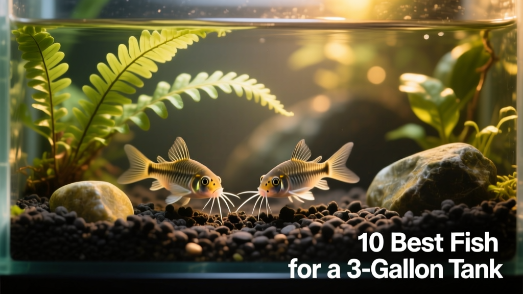Two pygmy corydoras sifting through dark substrate near Java fern in a small, natural-looking aquarium