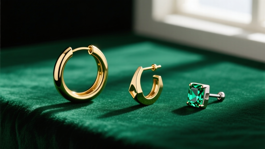 Flat lay of three distinct peridot hoop styles: a latch-back hoop, a hinged huggie, and a cartilage clicker on deep green velvet.