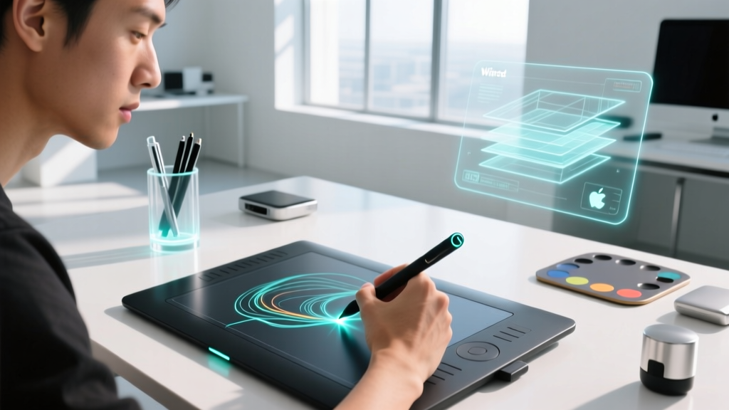 A digital artist using a haptic-feedback stylus on a sleek drawing tablet, showcasing next-gen sketch gadgets in a sunlit studio.
