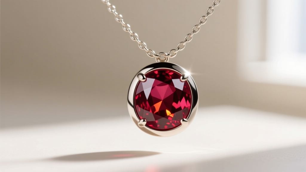 Macro photography of a bezel-set ruby birthstone pendant on a 1.2mm box chain, highlighting the secure metal rim and high polish