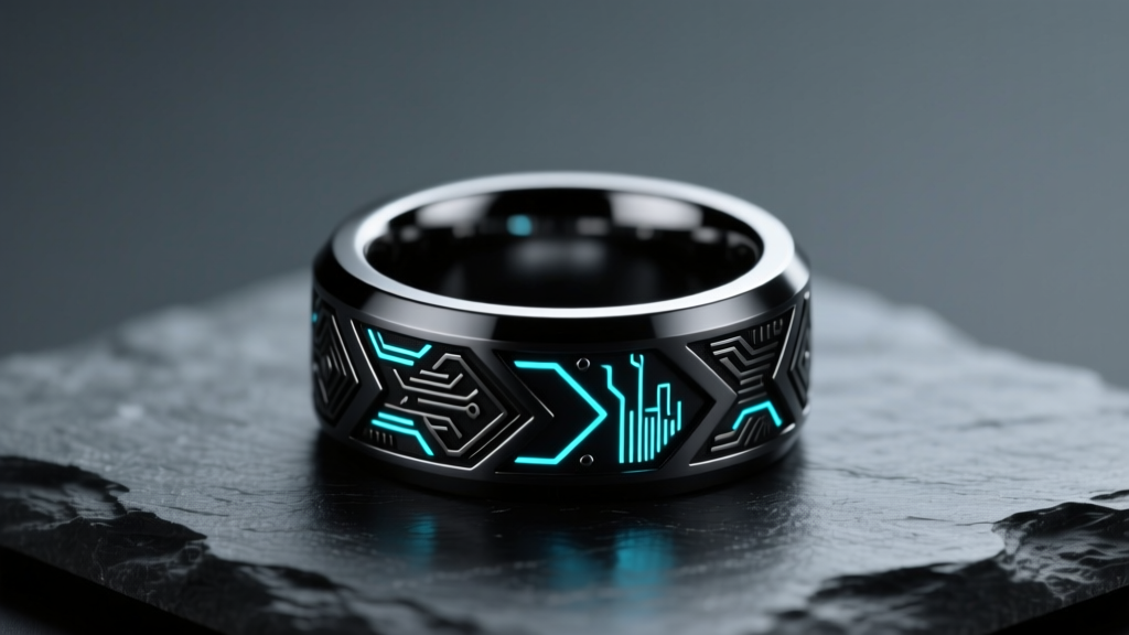 Matte black titanium steel signet ring with geometric cyberpunk engravings, resting on dark slate under moody directional lighting