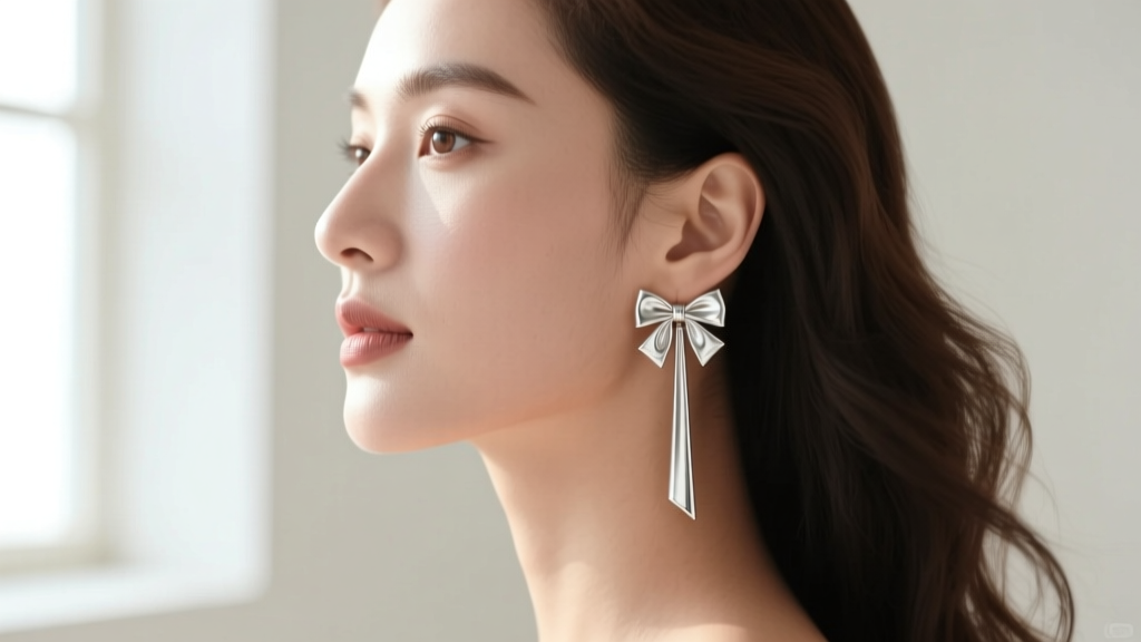 Side profile of a woman with a square jawline wearing long silver dangle bow earrings to elongate her neck and soften her jawline