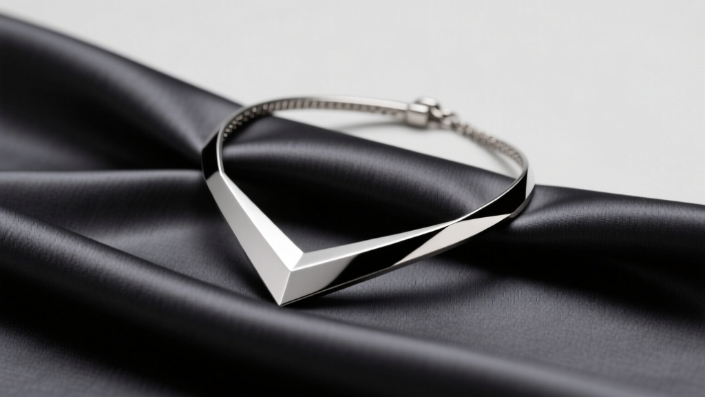 Minimalist titanium Armani necklace on charcoal silk, studio lighting highlighting sharp geometric edges and subtle matte brand.