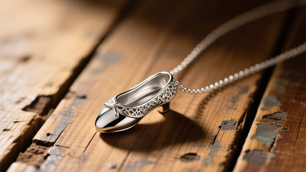 Macro shot of a delicate sterling silver ballet shoe necklace resting on a scuffed wooden studio floor under warm, soft lighting.