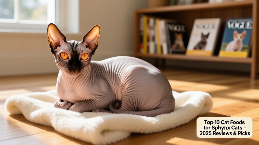 Happy, glossy-skinned Sphynx cat curled up on a soft blanket, looking content and healthy