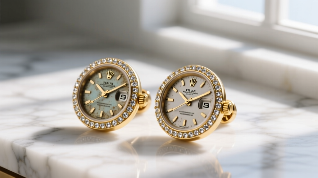 Macro shot of custom stud earrings made from salvaged Rolex Oyster dials, set in gold bezels with diamond accents on white marble