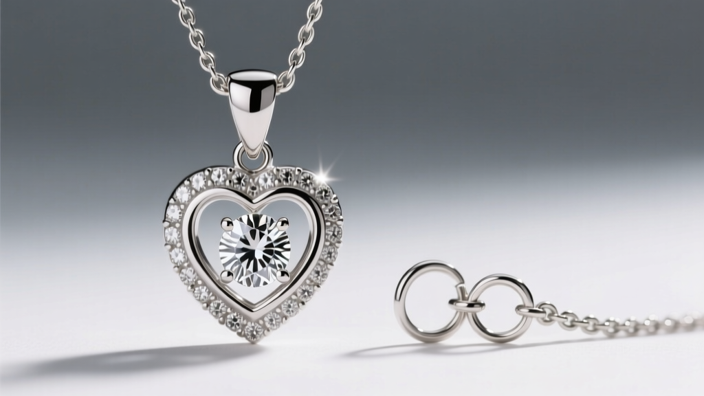 Macro shot of a platinum heart halo pendant chain, showing a secure lobster clasp and 18-inch adjustable jump rings.