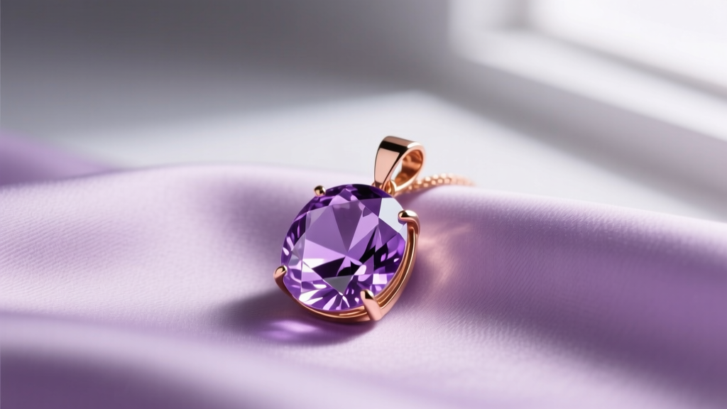 Macro shot of a faceted lilac amethyst pendant in 14k rose gold resting on lavender silk fabric with soft natural window lighting