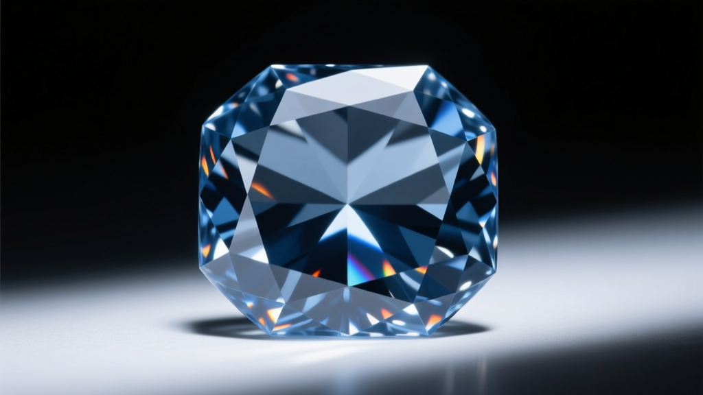 Macro photography of a large blue diamond exhibiting a deep grayish-blue hue and antique cushion facets under museum spotlights