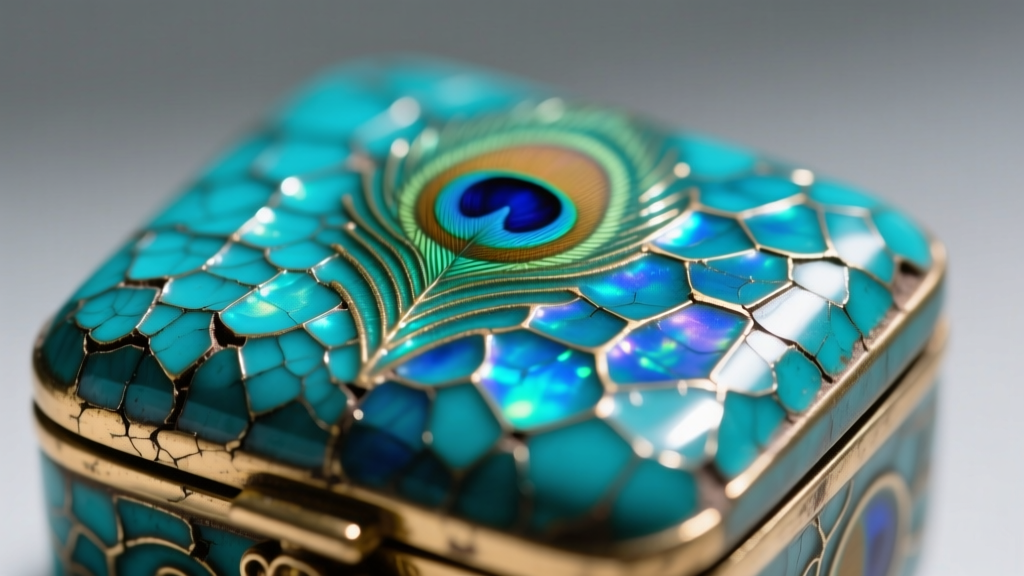 Macro shot of microscopic crazing in the turquoise enamel of a vintage peacock jewelry box lid under bright, direct gallery light