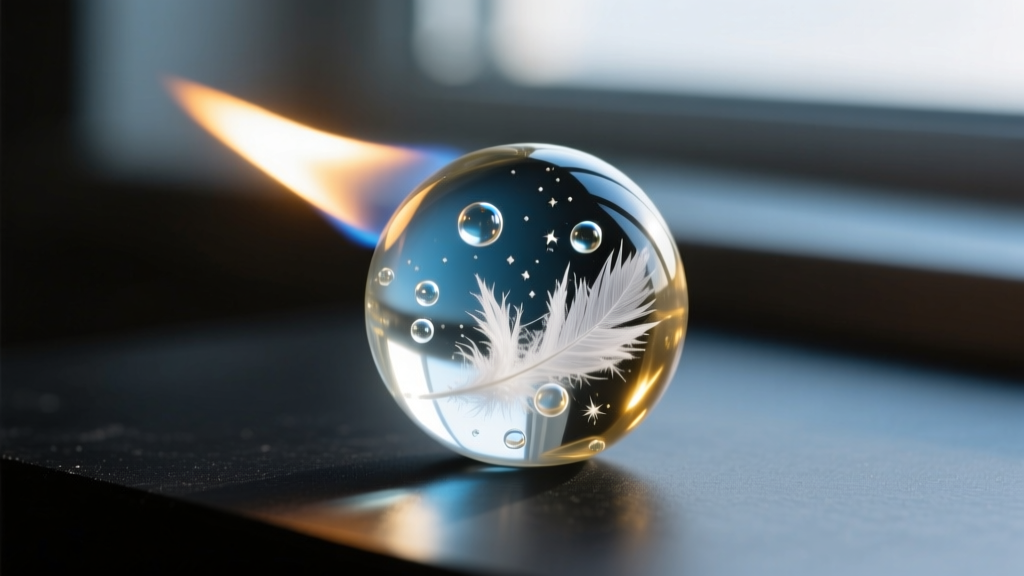 Macro shot of a borosilicate glass memorial bead under a torch, showing tiny white ash inclusions and deliberate air bubbles.