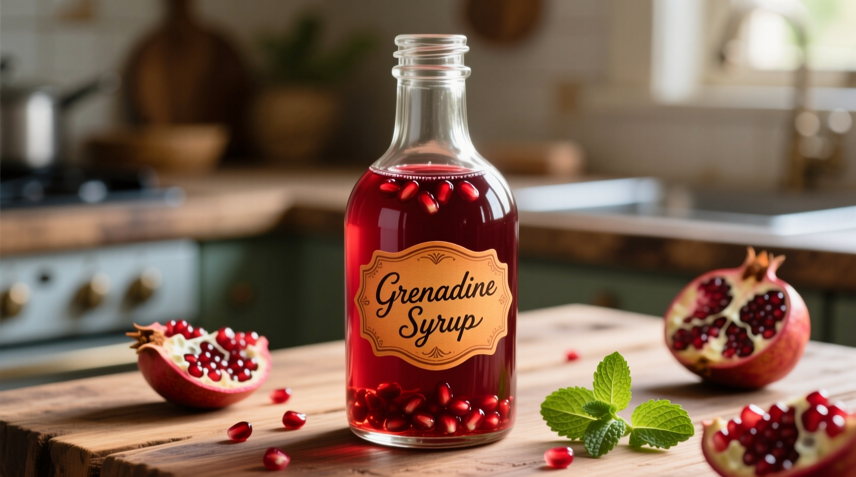 Homemade grenadine syrup in glass bottle with pomegranate seeds
