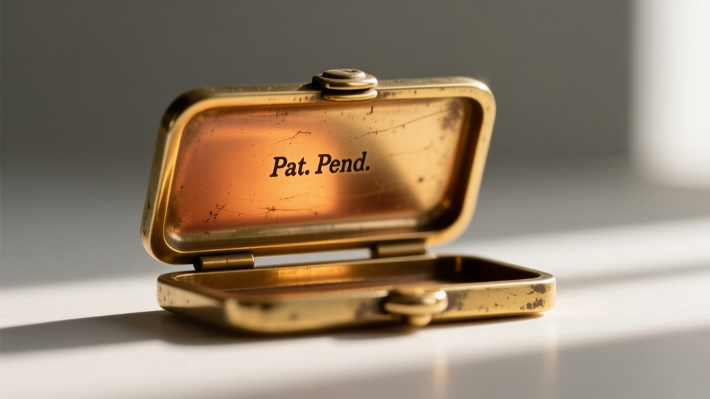 Extreme close-up of a 1950s fold-over jewelry clasp with a visible Pat. Pend. stamp and subtle gold wear on the brass edge.