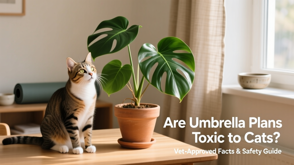Cat sitting beside a potted umbrella plant, looking curious but not chewing