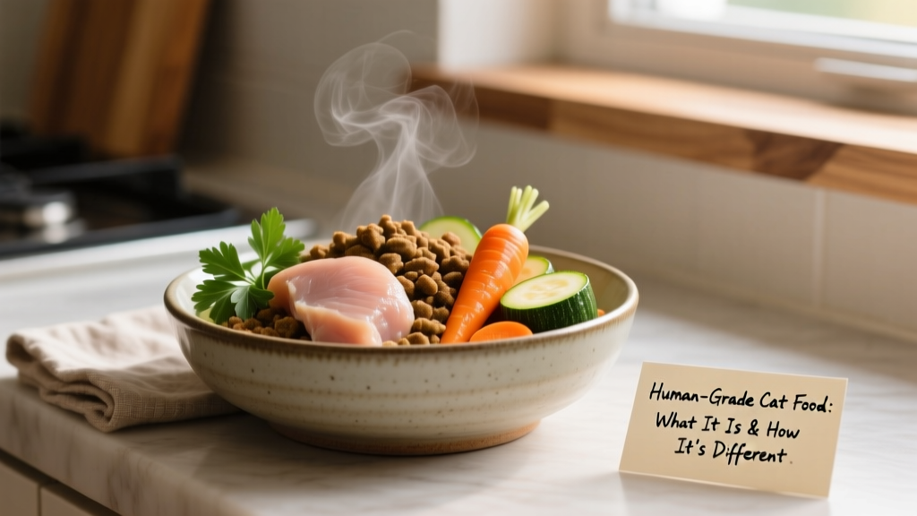 Close-up of a bowl of fresh, colorful human-grade cat food with visible pieces of lean meat, steamed vegetables, and herbs