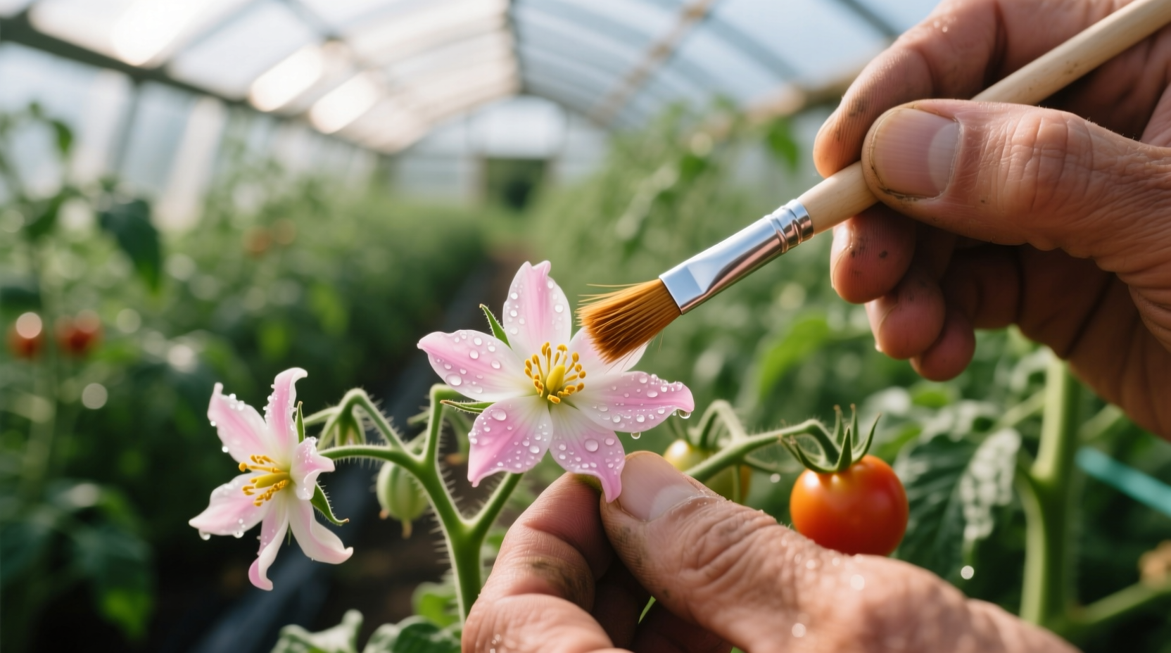 Hand pollinating tomato flowers with small brush