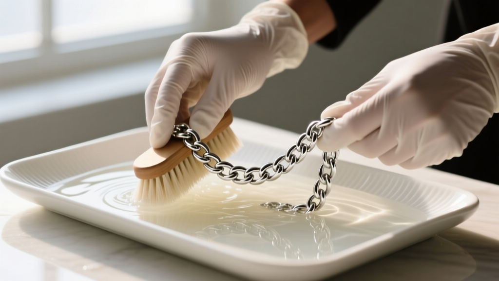 Hands in gloves gently scrubbing a sterling silver Cuban chain with a soft brush in warm soapy water on a white ceramic tray.