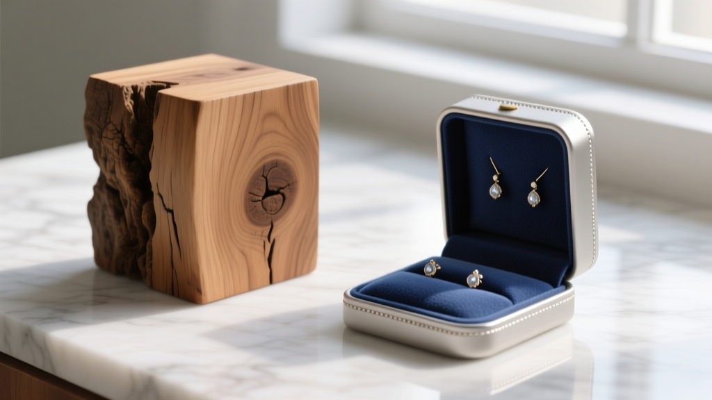 Macro shot comparing raw oak wood display block next to a microfiber-lined anti-tarnish jewellery earring stand tray on marble
