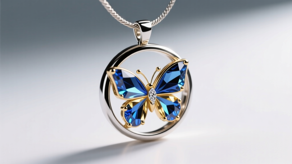 Close-up of a bezel-set crystal butterfly pendant on a 1.2mm cable chain, showing the smooth metal rim securing the glass edges.