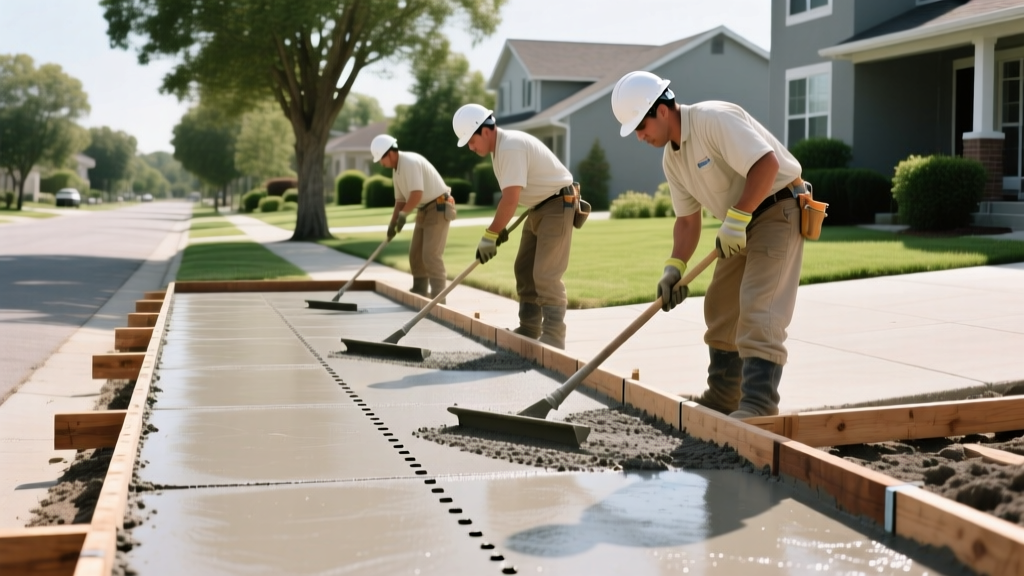 Workers screeding a fresh 4-inch concrete sidewalk pour with wooden forms and control joints in a bright suburban neighborhood