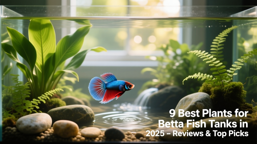 A serene betta tank with lush green plants including Amazon Sword and Java Fern growing alongside smooth river stones and gentle water flow