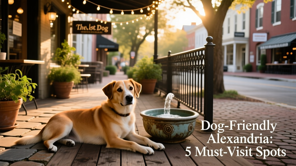 A relaxed dog lounging on the shaded patio of The Lost Dog Cafe, with a water bowl nearby and string lights overhead