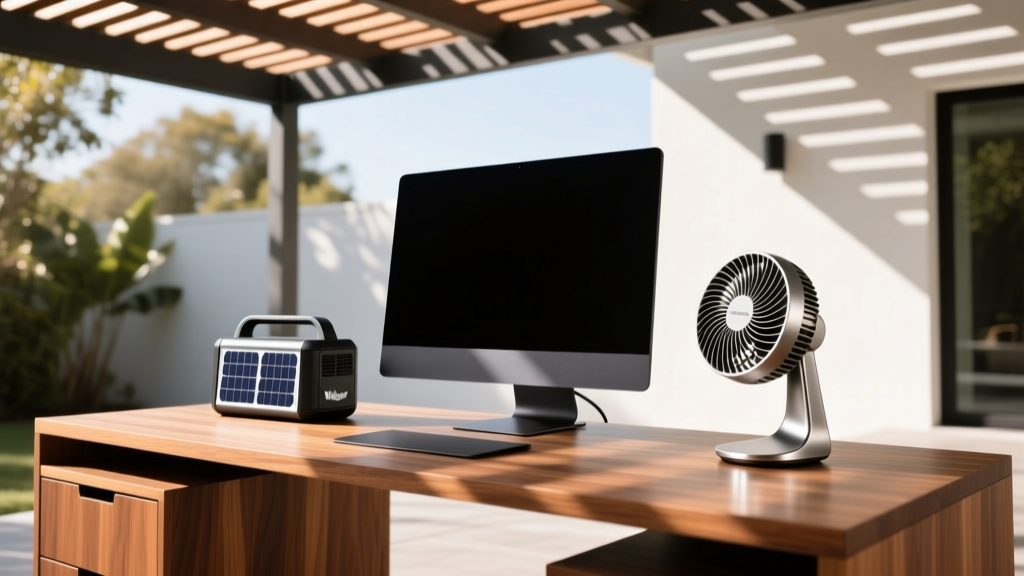 A modern wooden patio desk setup featuring a matte-screen monitor, portable solar generator, and a sleek desktop fan under a pergola.